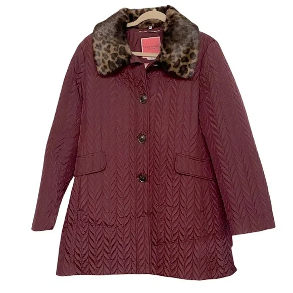 Kate Spade Quilted Chevron Jacket w/ Removable Faux Fur Leopard Collar - Picture 7 of 13